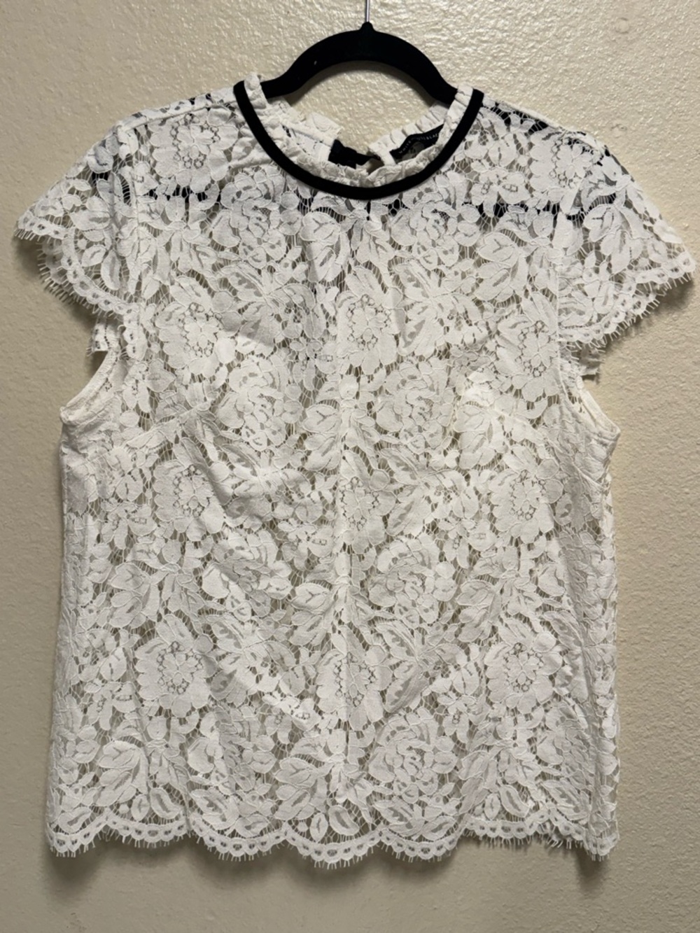White House Black Market White Lace Short Sleeve Blouse with Black Trim